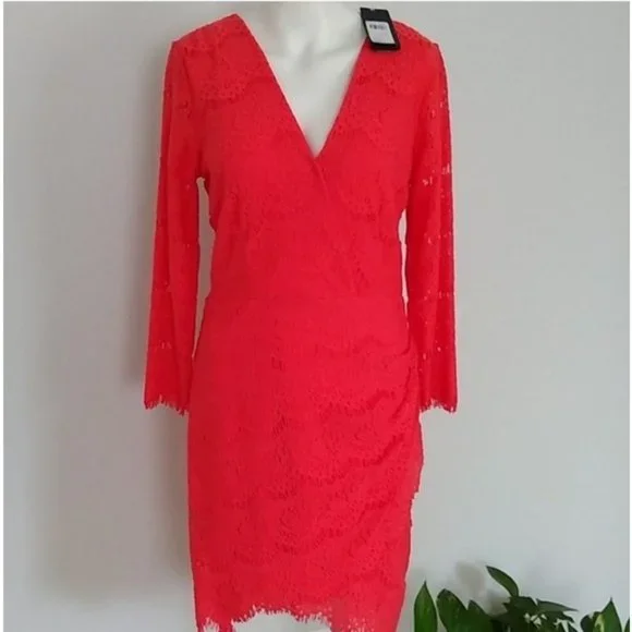 Guess Lace Dress Fitted Keyhole Back Orange Coral - Picture 1 of 7
